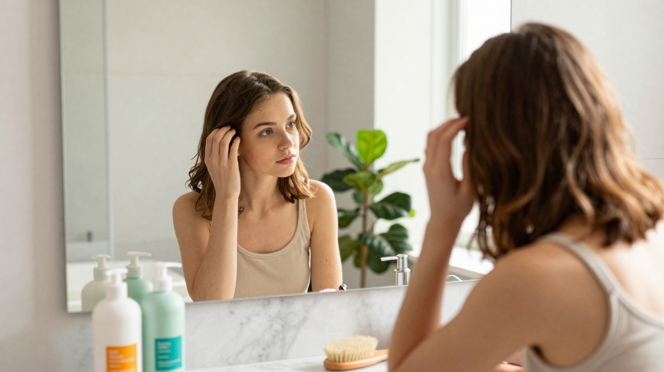 Young woman with shoulder-length hair looking at herself in a bathroom mirror with skincare products nearby
