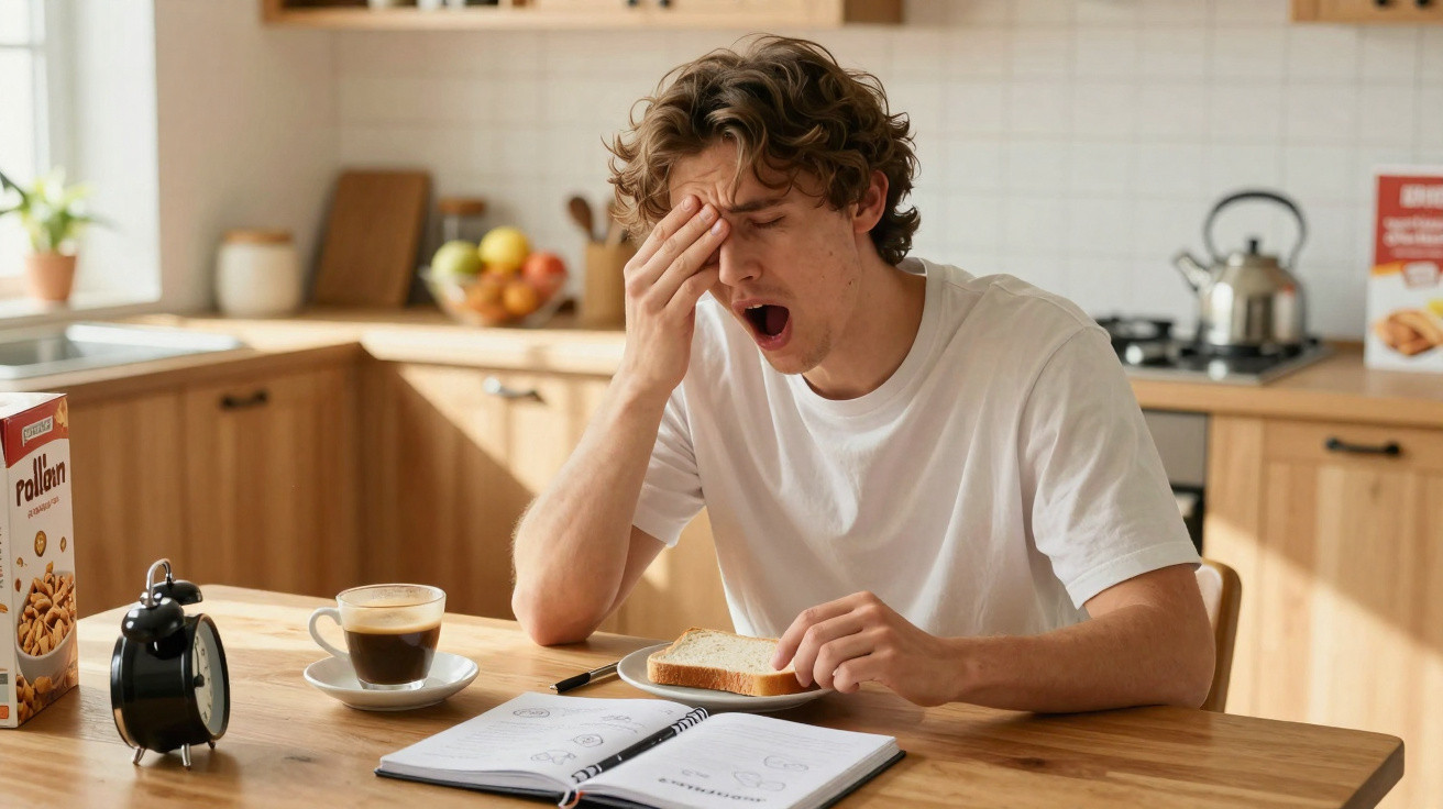 Young man in white t-shirt yawning while holding bread at a kitchen table with coffee and notebook.