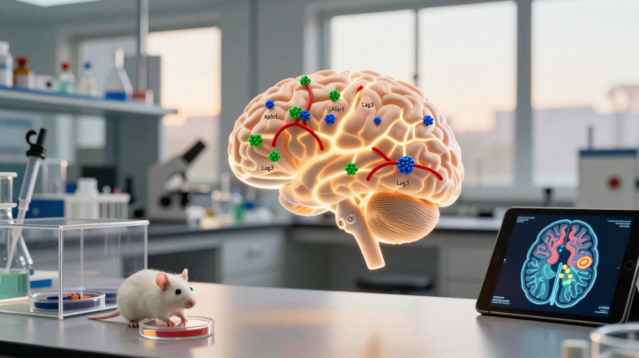 Laboratory mouse next to petri dish with glowing brain model and tablet displaying brain scan in lab environment.