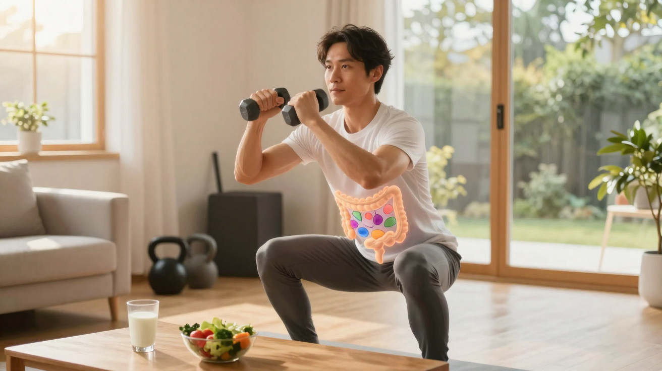 Man exercising with dumbbells at home, highlighting digestive system illustration on his torso.