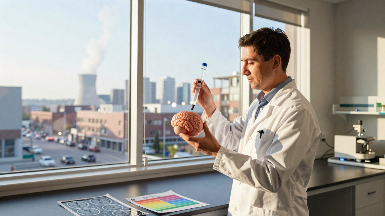 Scientist in a lab coat injecting a brain model with a syringe near a cityscape window.
