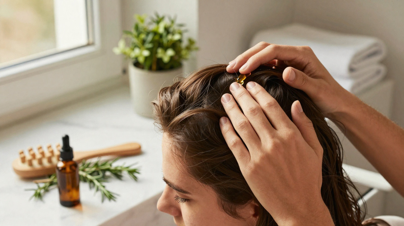 Person applying hair oil onto scalp with fresh rosemary and hairbrush on windowsill nearby