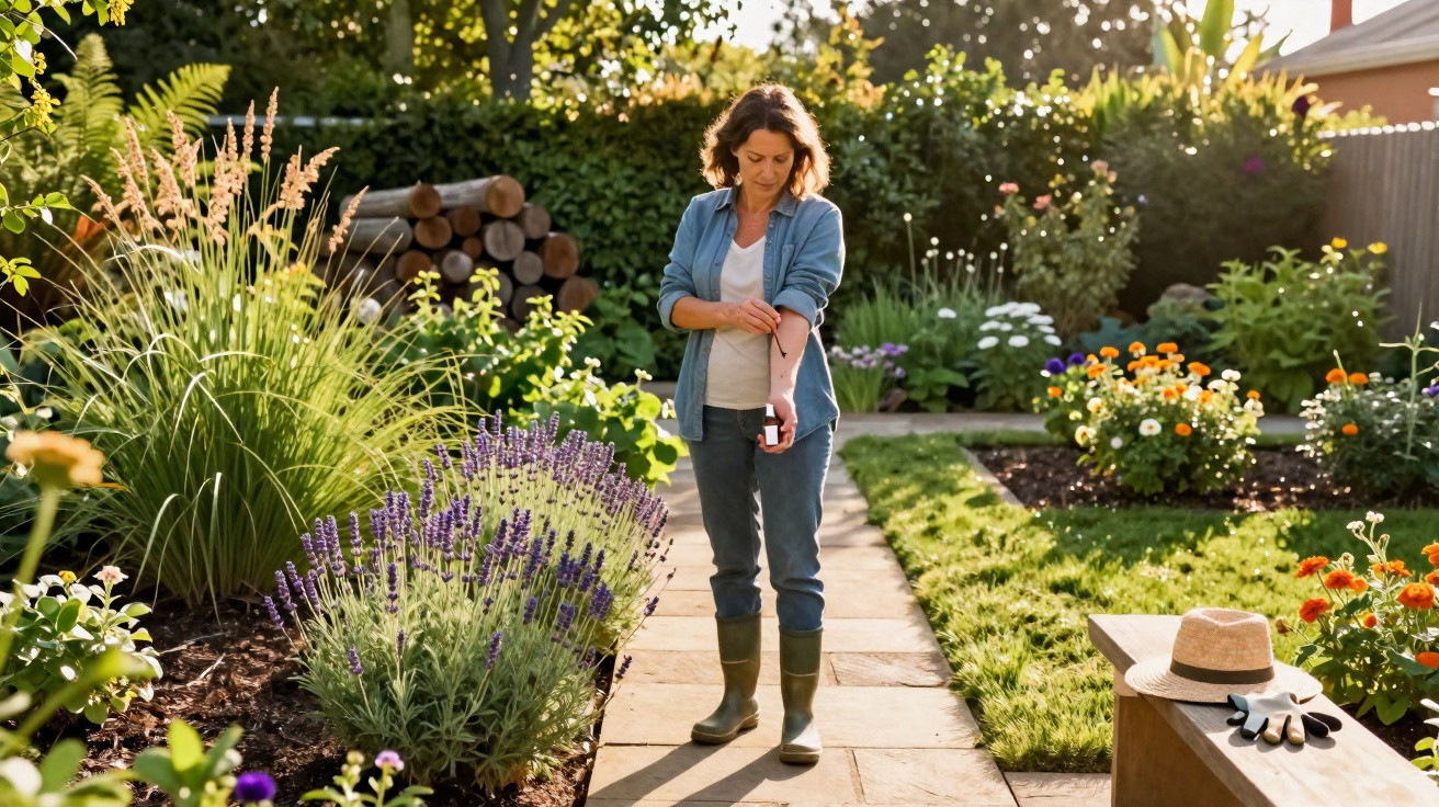 Woman applying insect repellent to her arm while standing on a garden path surrounded by flowers and greenery.