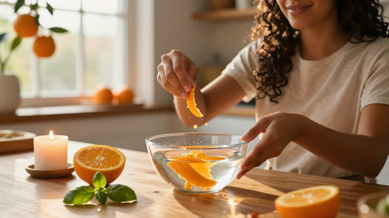 Woman zesting orange peel into glass bowl of water on kitchen table with candle and basil leaves nearby