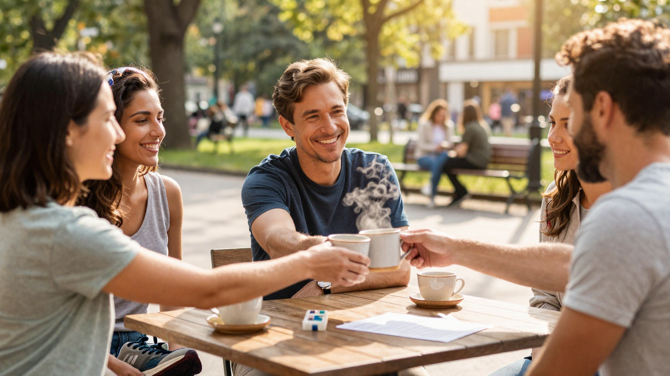 Group of five friends sitting outdoors at a wooden table, smiling and toasting with steaming mugs.