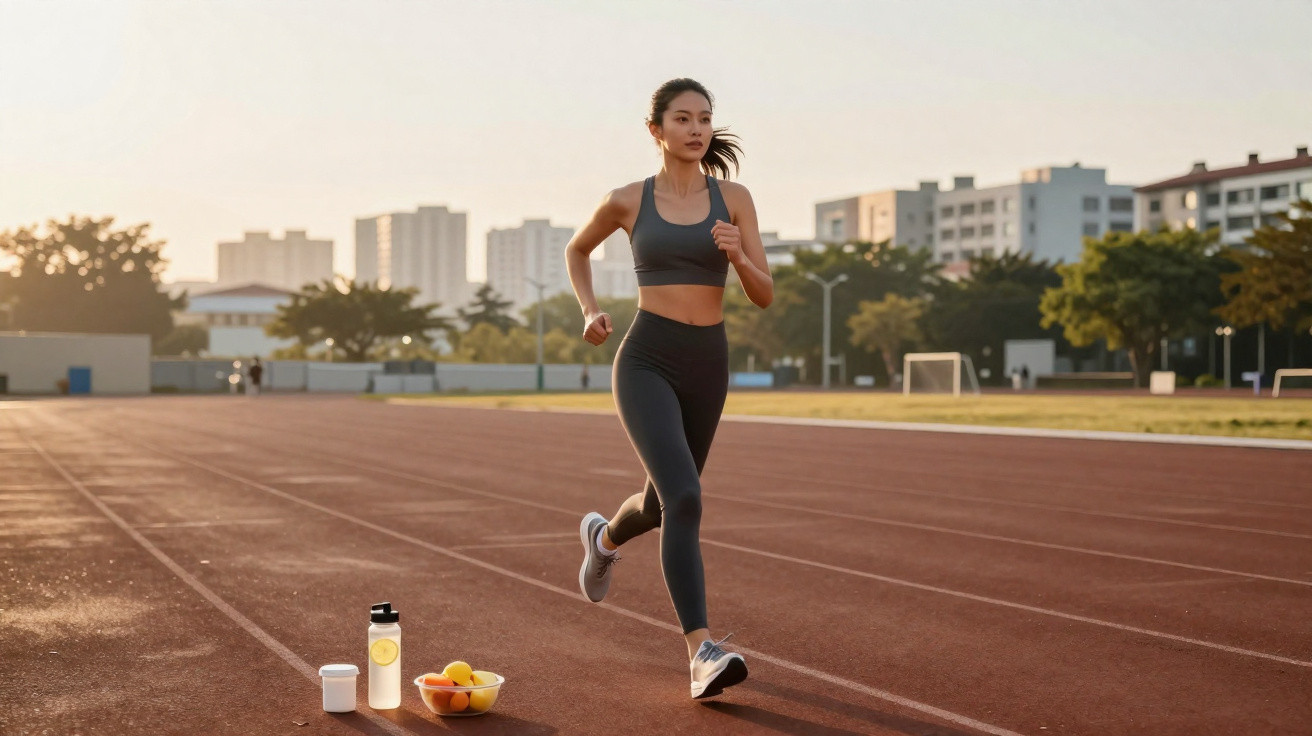 Young woman jogging on outdoor track with fruit, water bottle, and supplement jar in the foreground.