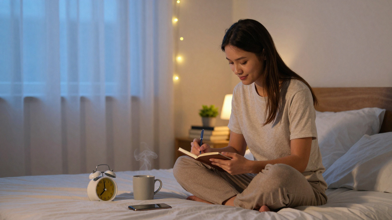 Young woman in casual clothes writing in a notebook while sitting cross-legged on a bed in a softly lit bedroom.