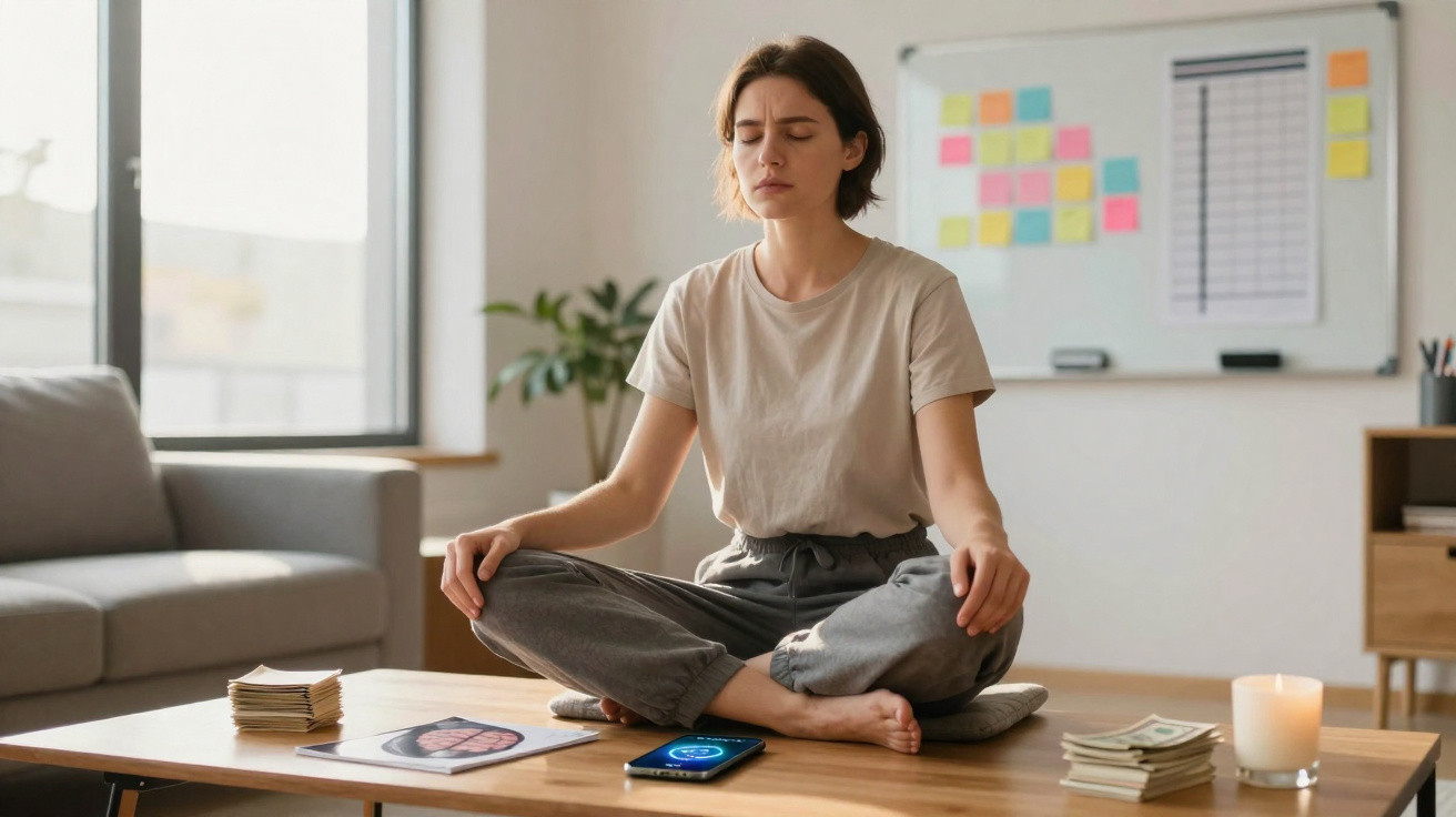 Woman meditating with eyes closed, sitting cross-legged on a table in a modern living room.