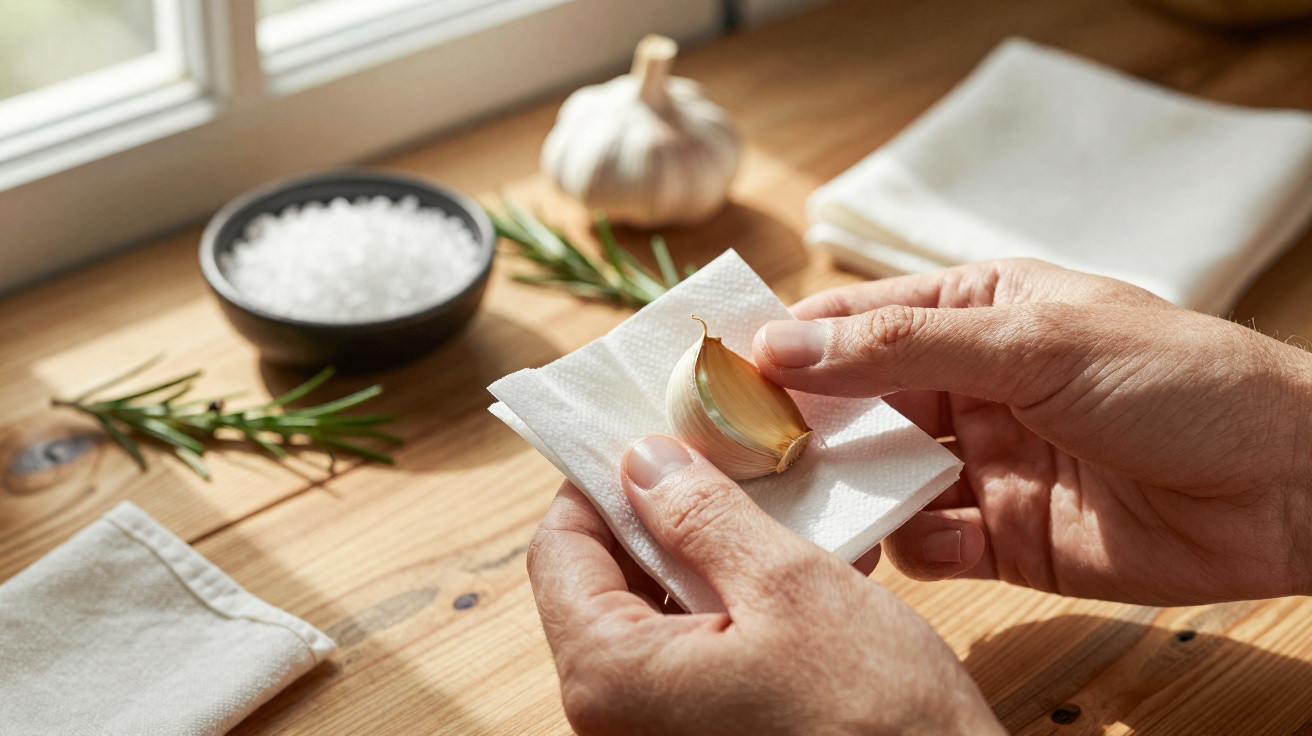 Hands holding a garlic clove on a paper towel with salt and rosemary on a wooden table by a window