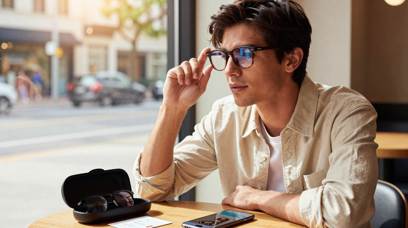 Young man adjusting his glasses while sitting at a café table with sunglasses and phone nearby