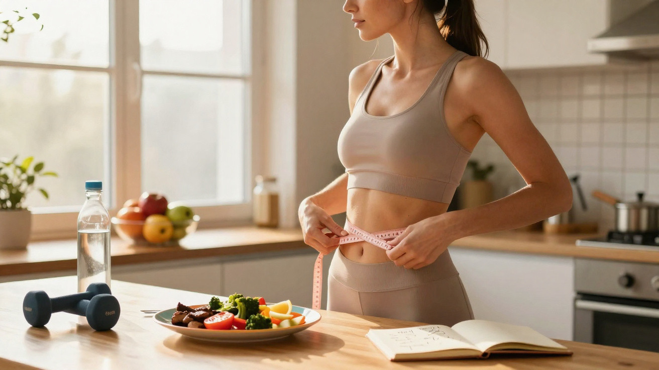 Woman in sportswear measuring waist with tape in kitchen near healthy meal and dumbbells on table