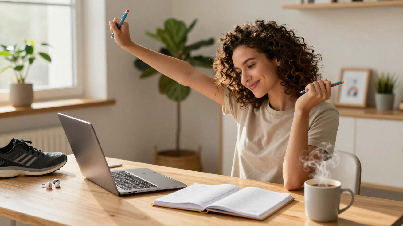 Woman stretching at a wooden desk with open notebook, laptop, steaming mug, and sports shoes beside her.