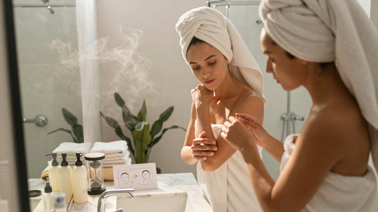 Woman with a towel wrapped around her body and head applying lotion in front of a steamy bathroom mirror.