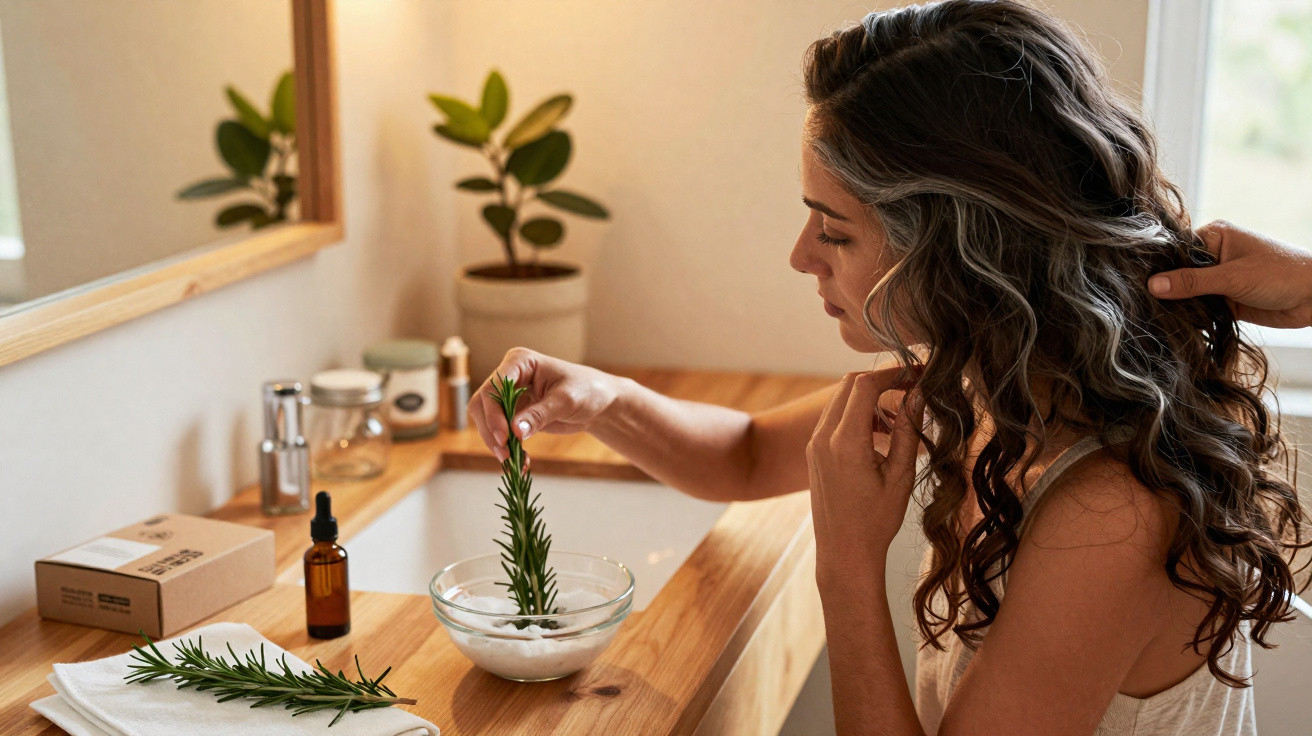 Woman dipping a rosemary sprig into a bowl of white cream in a bathroom with wooden countertop.