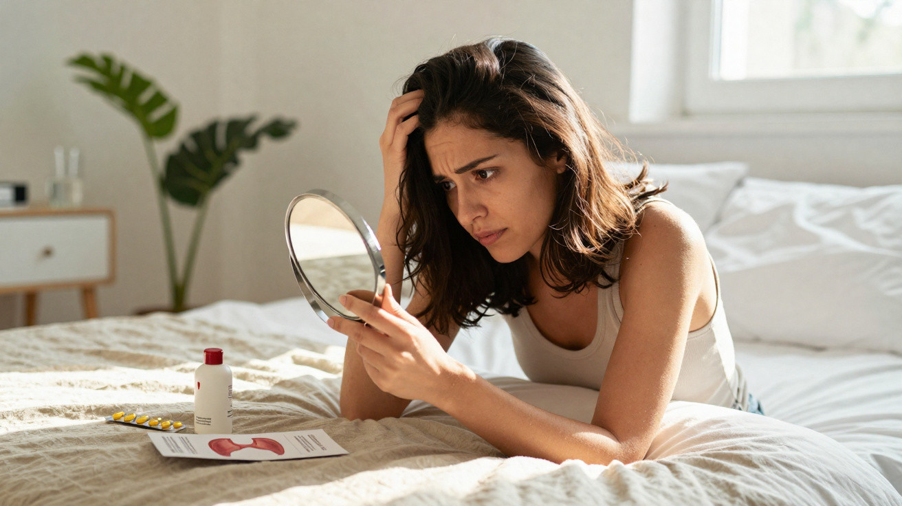 Young woman with worried expression examining her hair in a mirror while sitting on a bed with medication nearby