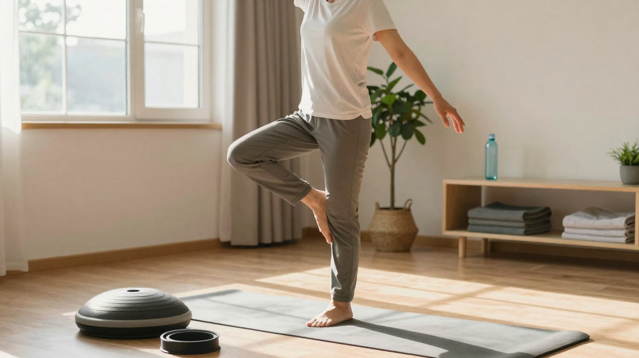 Person practising yoga balancing on one leg on a mat in a sunlit room with exercise equipment nearby.