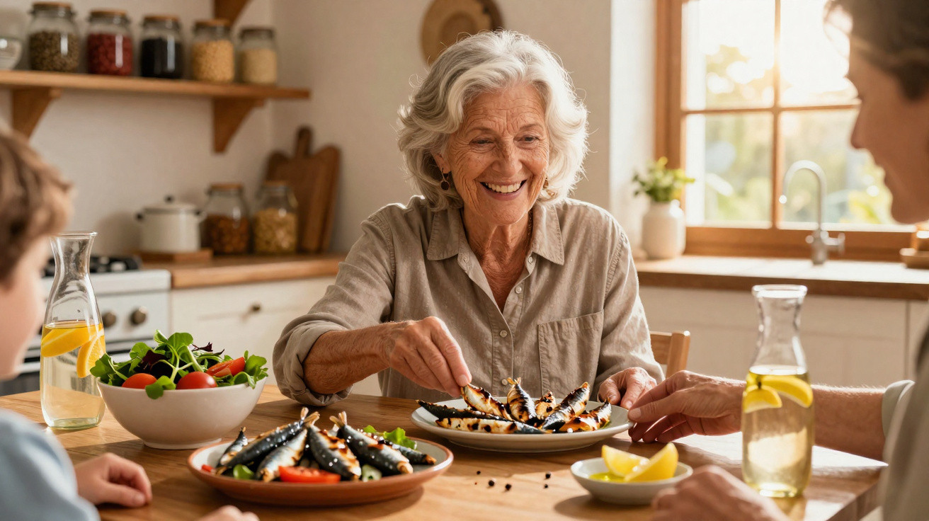 Elderly woman smiling and serving mussels during a family meal at a kitchen table with lemon water and salad.