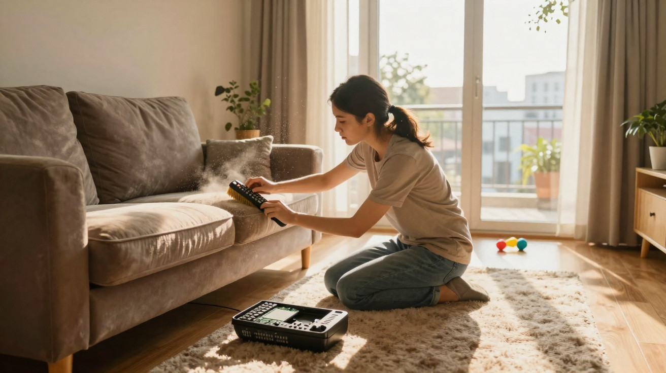 Woman kneeling on carpet cleaning a grey sofa with handheld steam cleaner in living room with natural light.