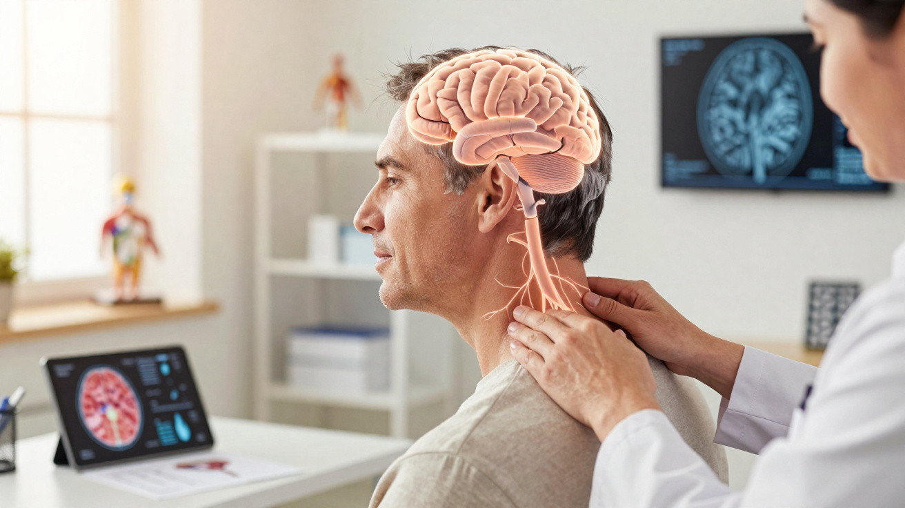 Side view of a man with a digital brain overlay being examined on his neck by a healthcare professional.