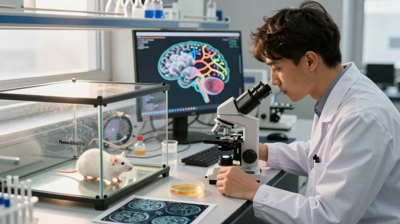 Scientist in white lab coat examining samples under microscope with mouse in enclosure and brain images on screen.