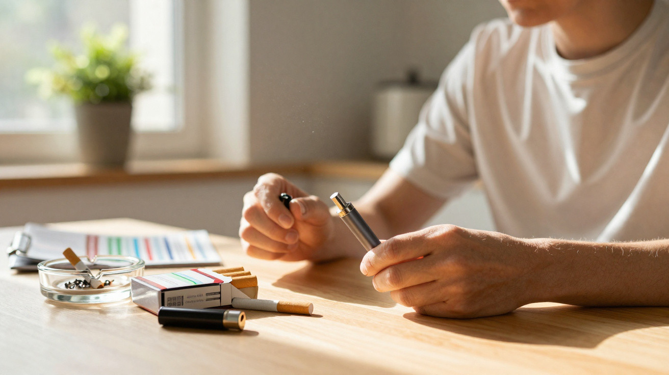 Person holding a vape pen with cigarette packs and an ashtray on a wooden table in a sunlit room.