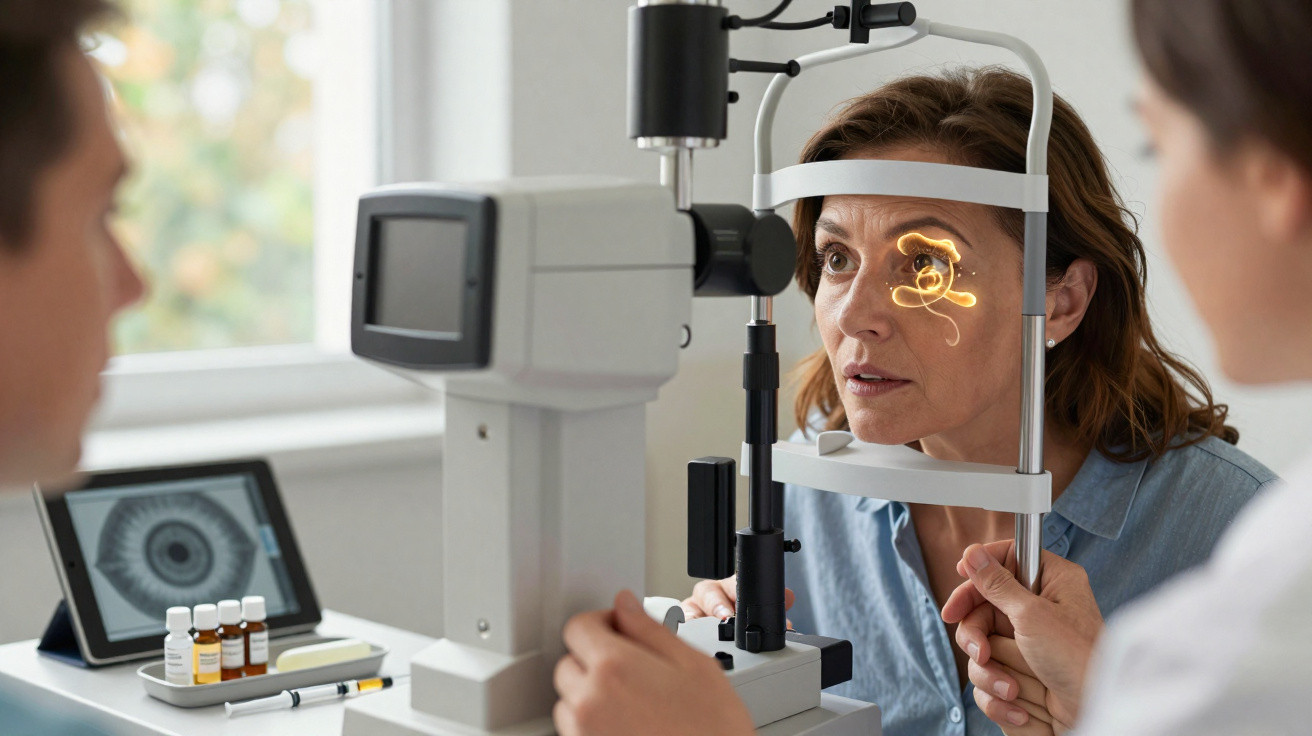 Woman undergoing an eye examination with a slit lamp while a healthcare professional performs the test.