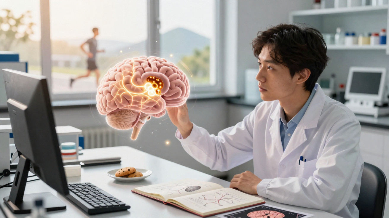 Scientist in lab coat examining a digital brain model with highlighted neural pathways on a desk.