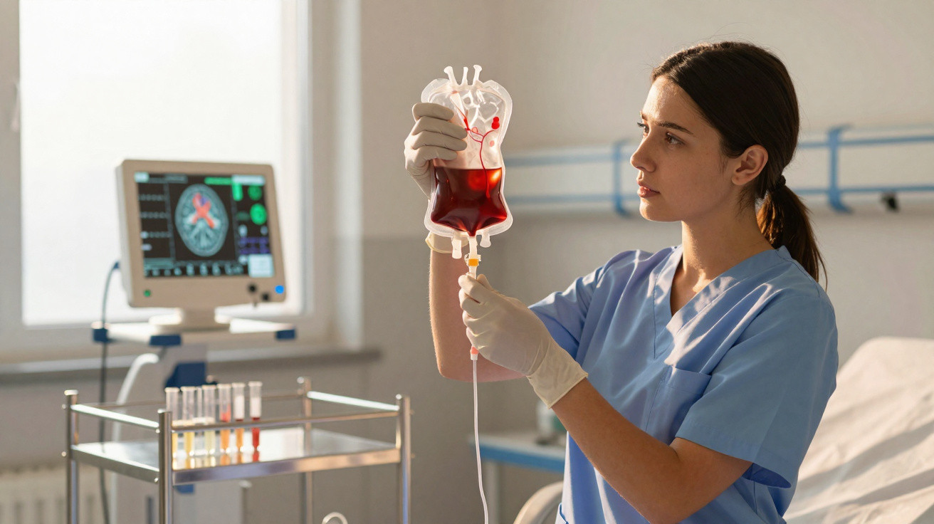 Healthcare worker in blue scrubs examining a blood bag in a clinical setting with medical equipment nearby.