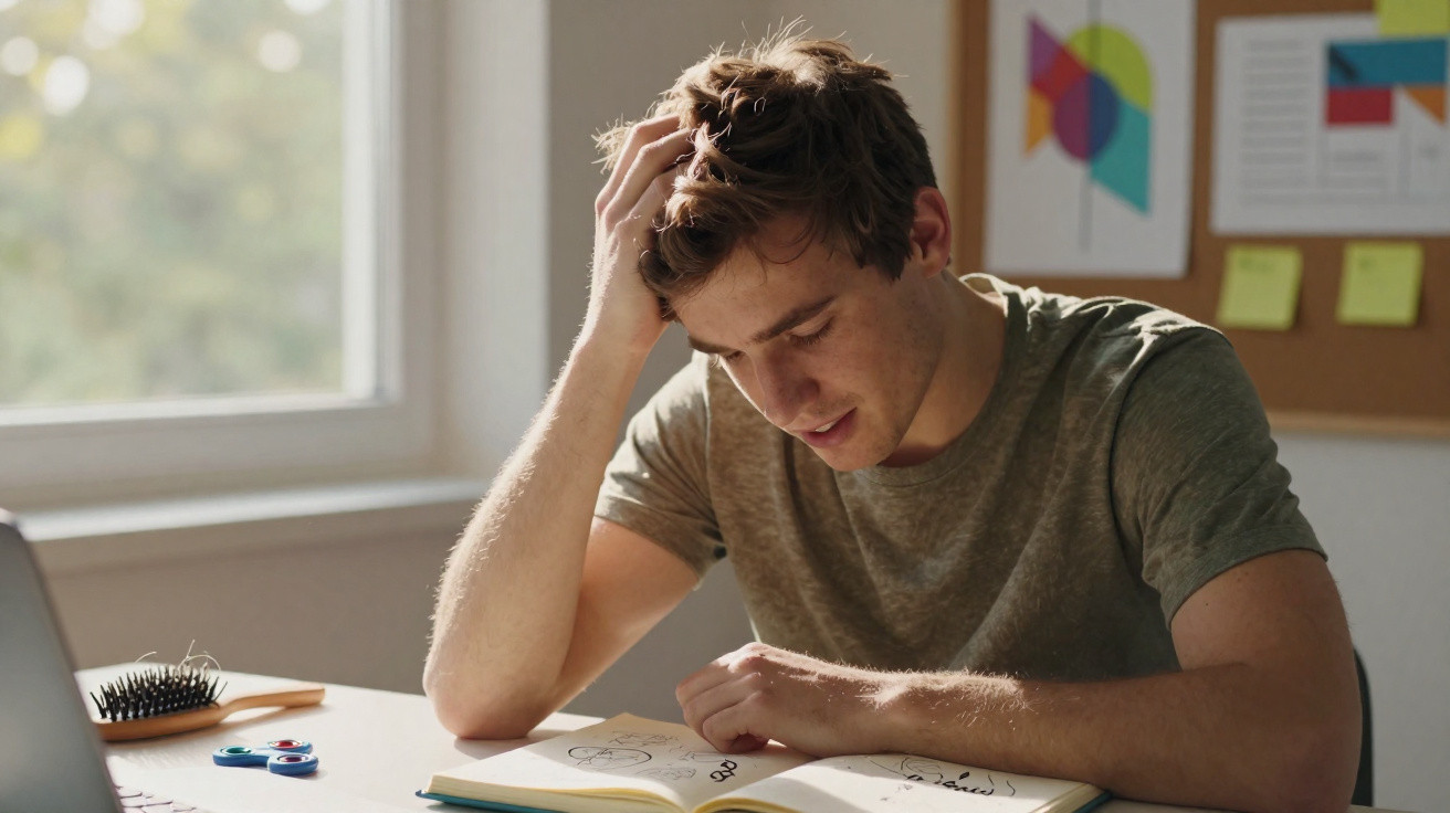 Young man sitting at desk reading a book with hand on head, looking thoughtful in a sunlit room.