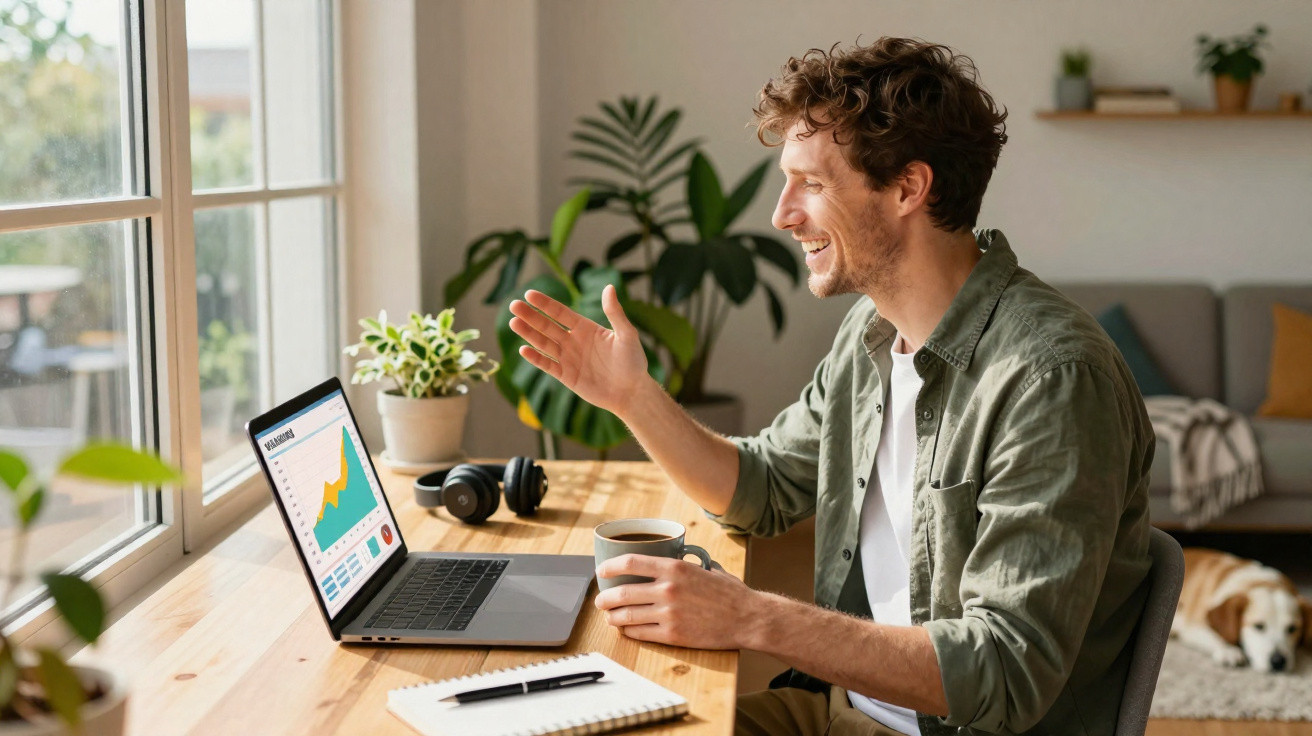 Man holding a coffee mug and waving during a video call, sitting at a desk with a laptop and notebook.