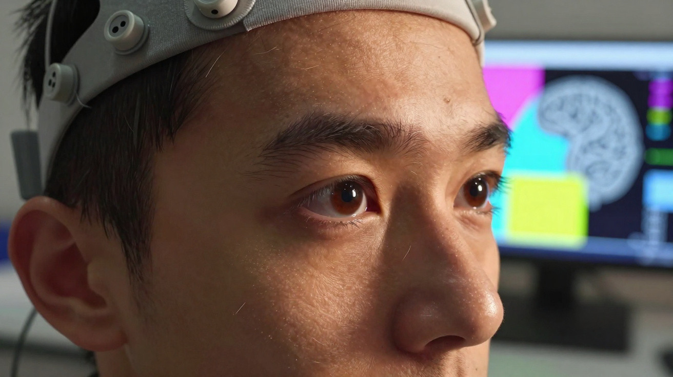 Close-up of a man wearing an EEG cap with brain scan images visible on a computer screen in the background.