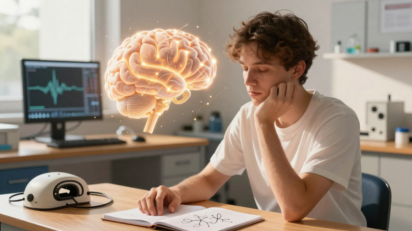 Young man studying brain diagrams with a glowing 3D brain illustration and EEG monitor in a clinical setting.