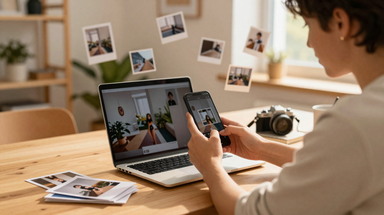 Person editing photos on a phone with a laptop and camera on a wooden table in a bright room.