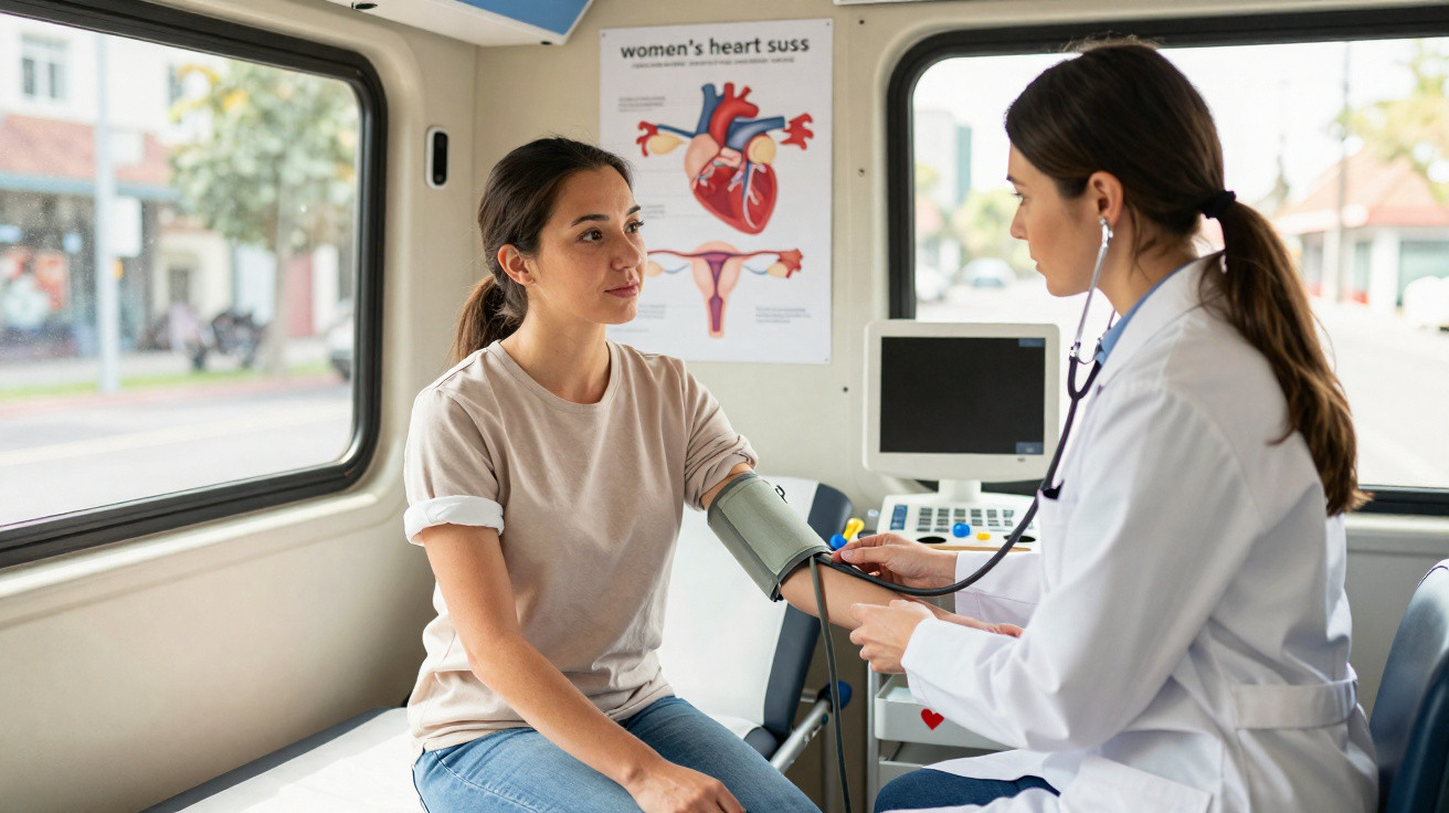 Healthcare professional measuring blood pressure of a seated woman in a mobile clinic with heart health poster.