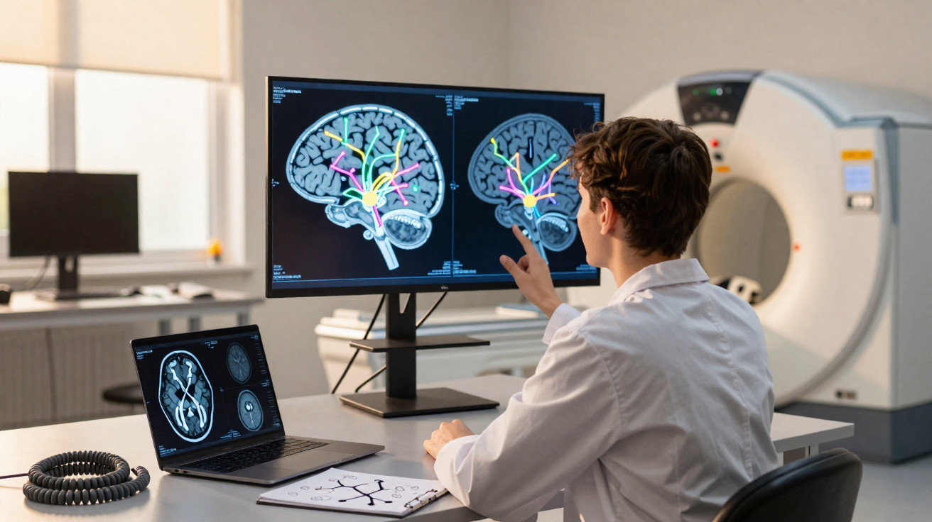 Medical professional analysing brain scans on computer screens in a clinical radiology room with MRI machine.