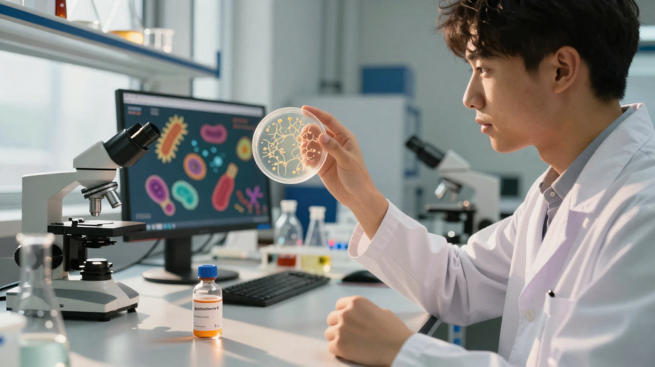 Scientist in a lab coat examining a petri dish with bacteria, computer screen showing colorful microbial images.