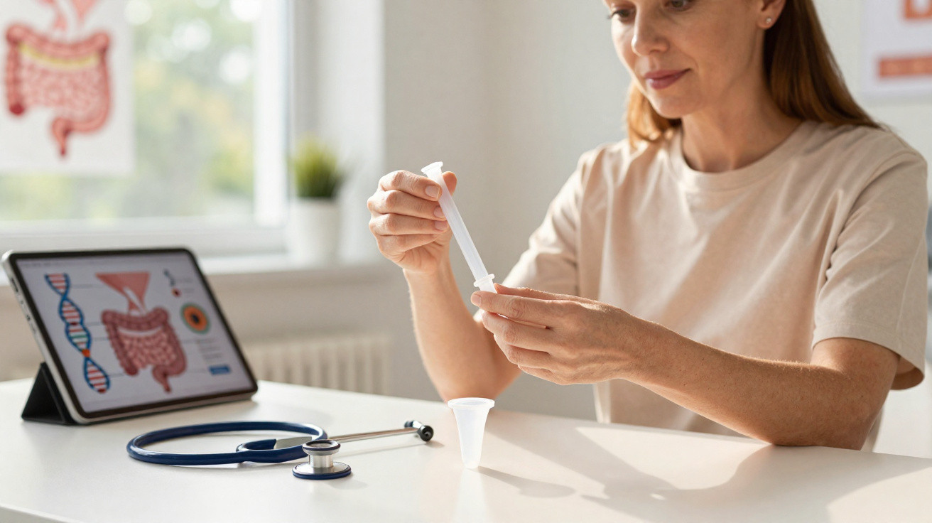 Woman preparing a medical test sample with a tablet showing digestive system graphics and a stethoscope on the table.