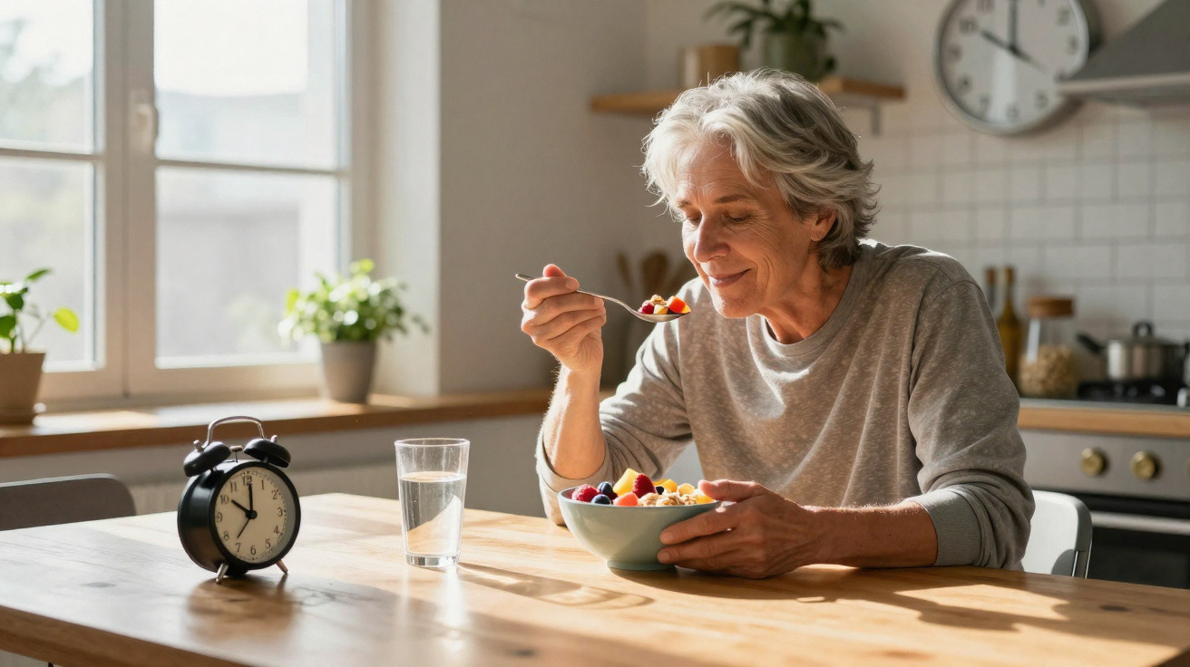 Elderly person eating fruit and cereal at a kitchen table with a clock and glass of water beside them.