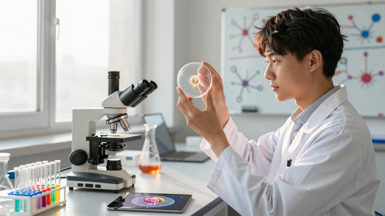 Scientist in lab coat examining a petri dish with a microscope and test tubes nearby in a laboratory.