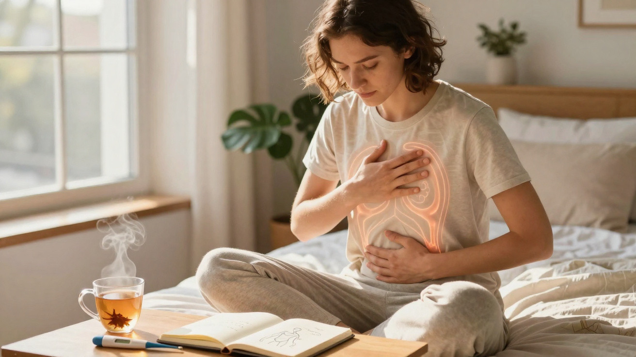 Woman sitting on bed holding stomach and chest, depicting digestive discomfort with an open notebook and steaming tea nearby.