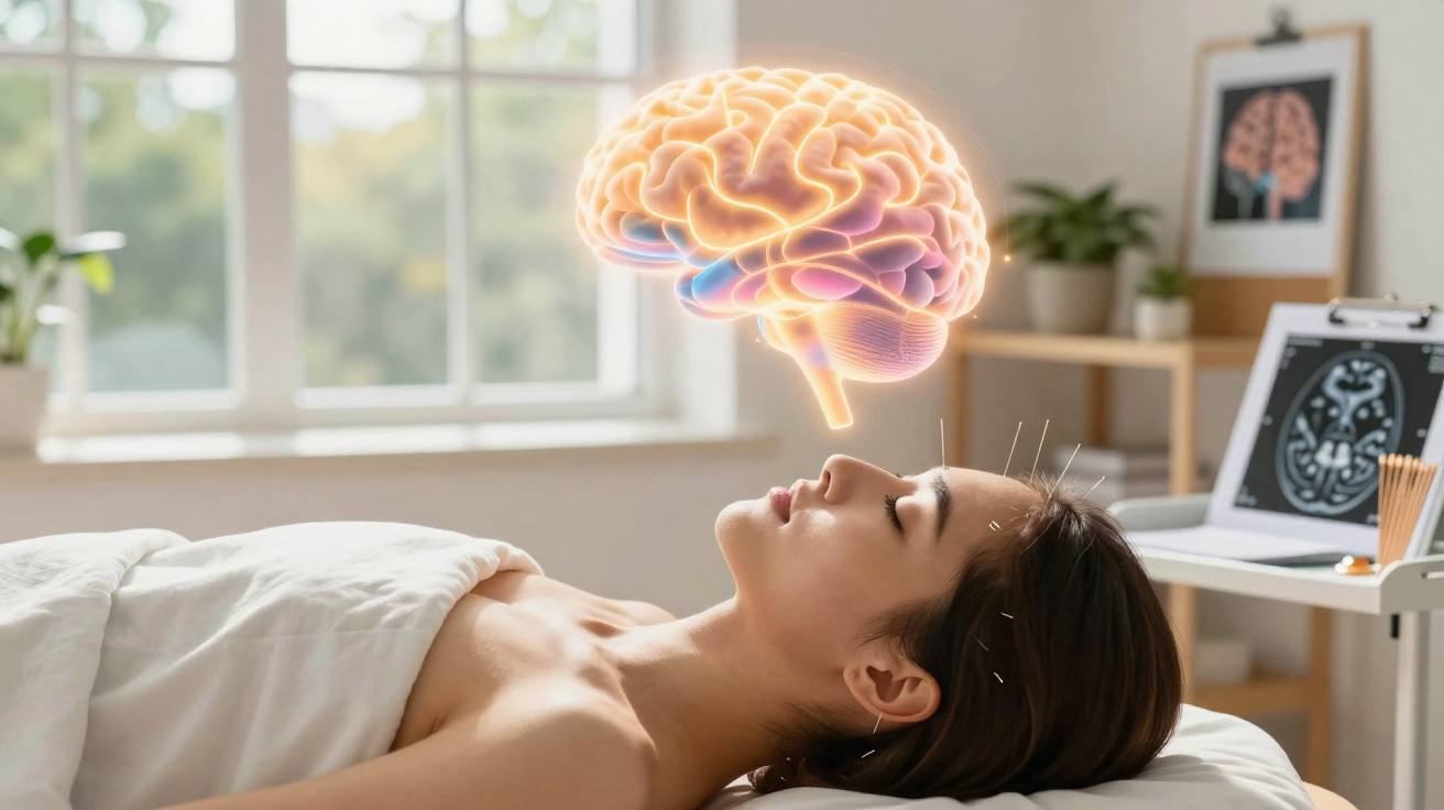 Woman receiving acupuncture with a glowing brain illustration above her head in a bright therapy room.
