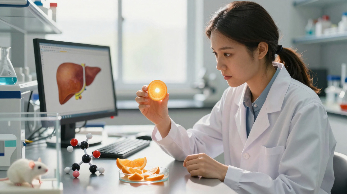 Scientist in white coat examining an orange slice in a laboratory with liver diagram on computer screen.