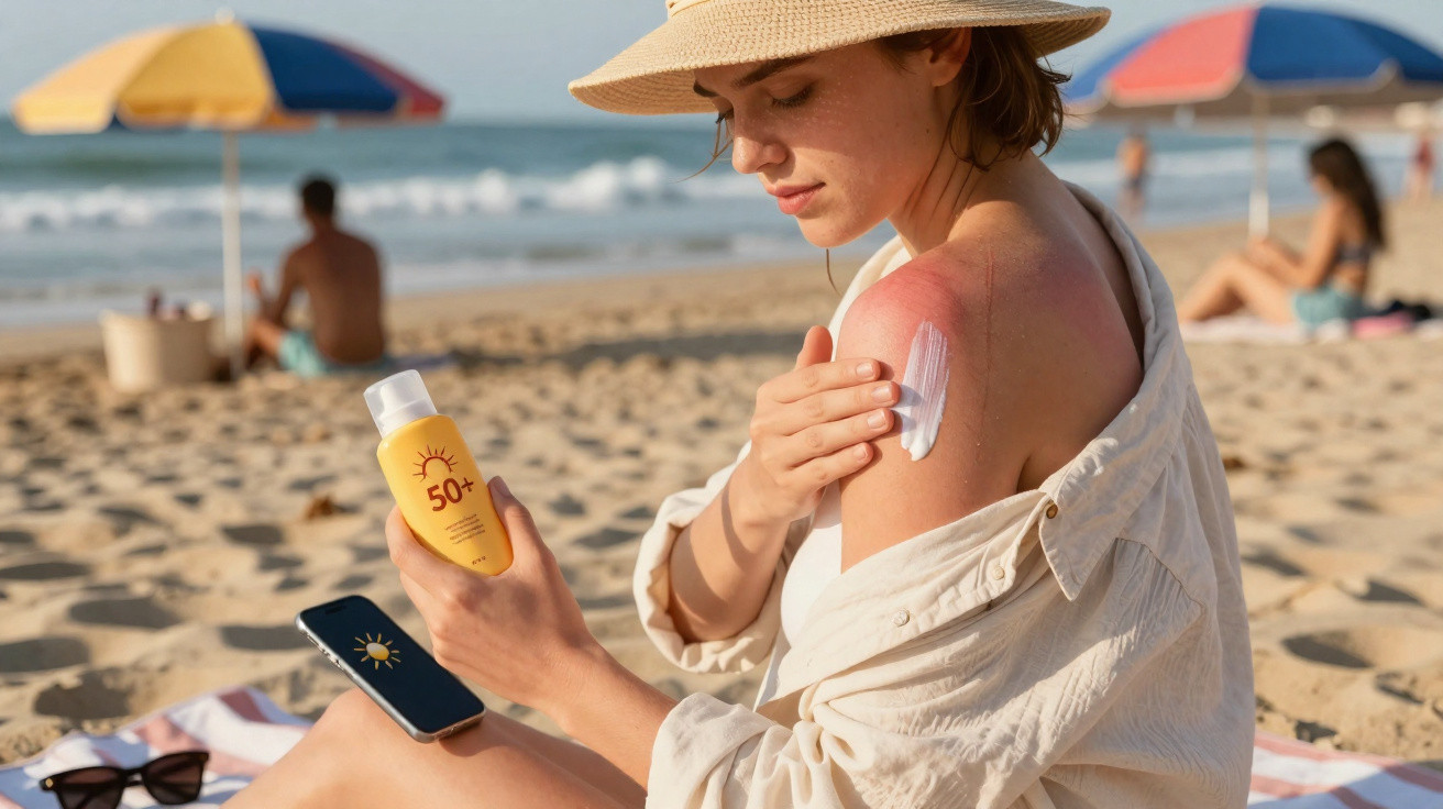 Woman with sunburn on shoulder applying SPF 50+ sunscreen at the beach on a sunny day