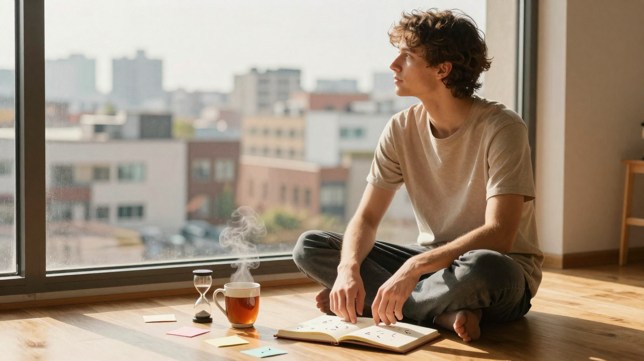 Young man sitting cross-legged by a window with a book, steaming tea, and an hourglass on the floor.