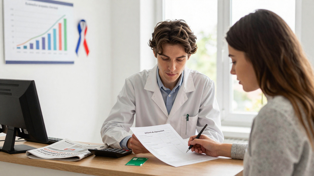 Doctor reviewing a document with a woman sitting opposite in a bright office with a computer and chart on the wall.