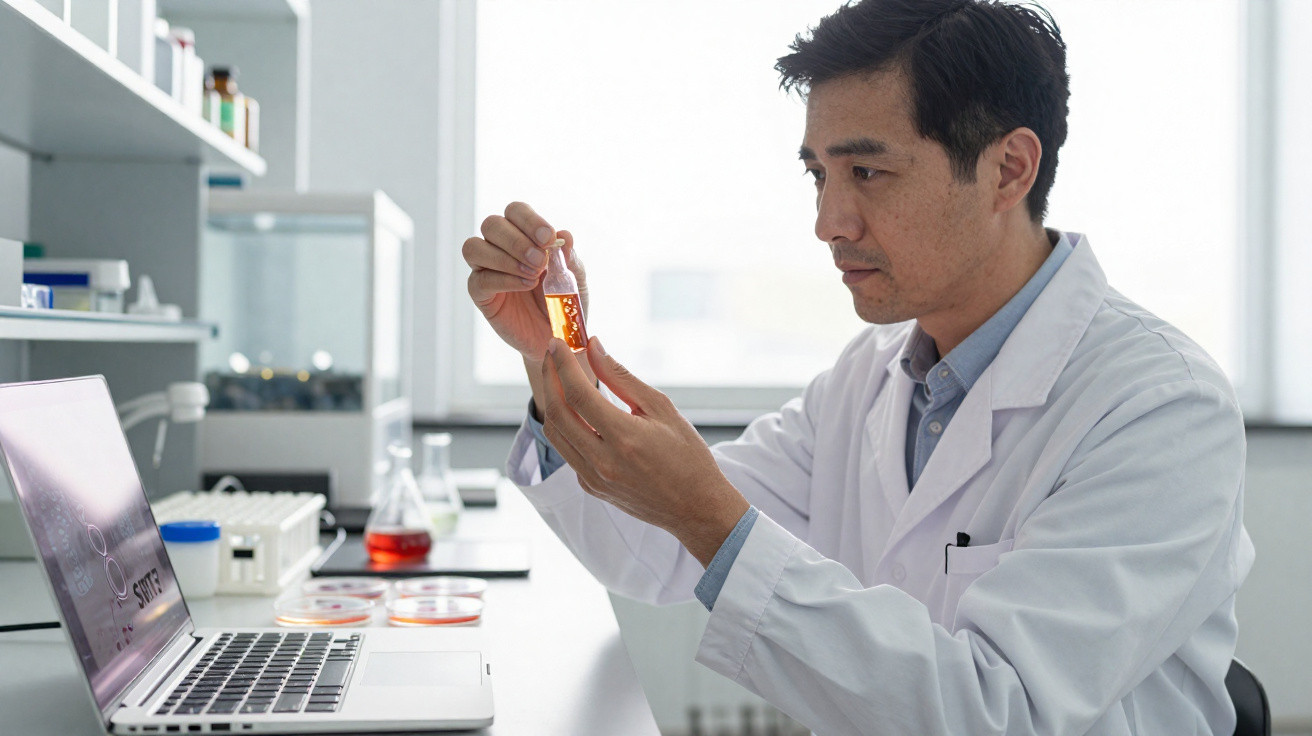 Scientist in lab coat examining a test tube with orange liquid in a bright laboratory setting.