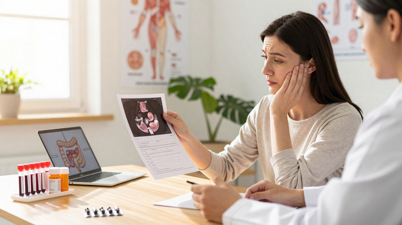 Worried woman reviewing medical scan with doctor in consultation room with health charts and test tubes nearby.