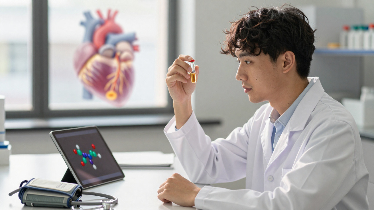 Scientist in lab coat examining a vial with a heart model and molecular structure on a tablet in the background.