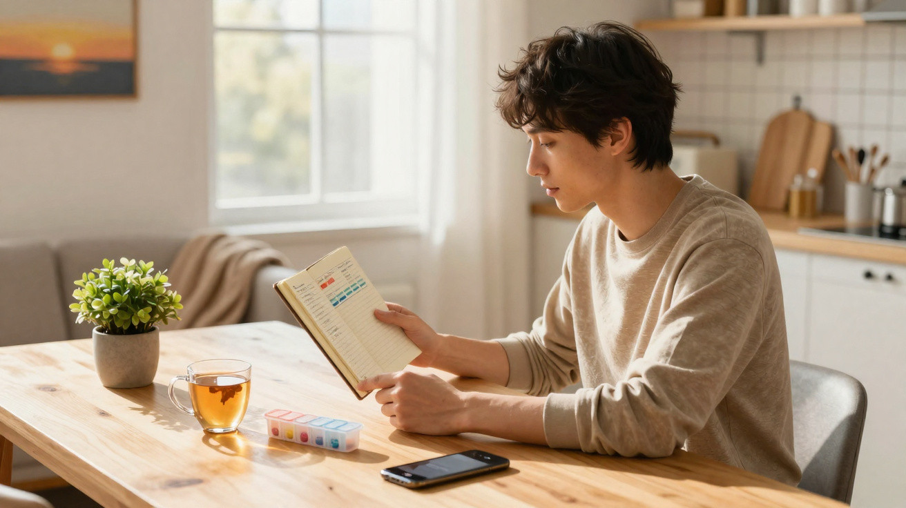 Young man sitting at wooden table reading planner with tea, pillbox and phone nearby in bright kitchen.