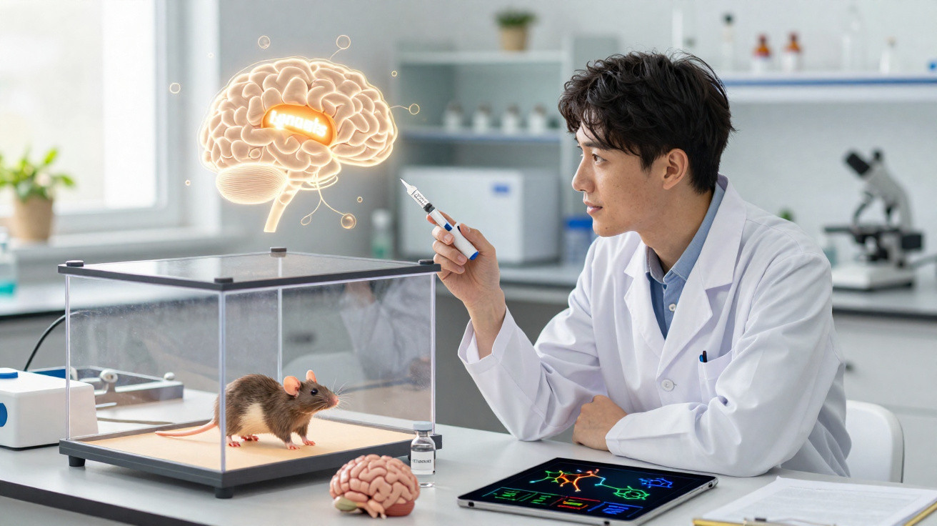 Scientist in lab coat studying rat in cage with brain hologram and tablet displaying neural data.